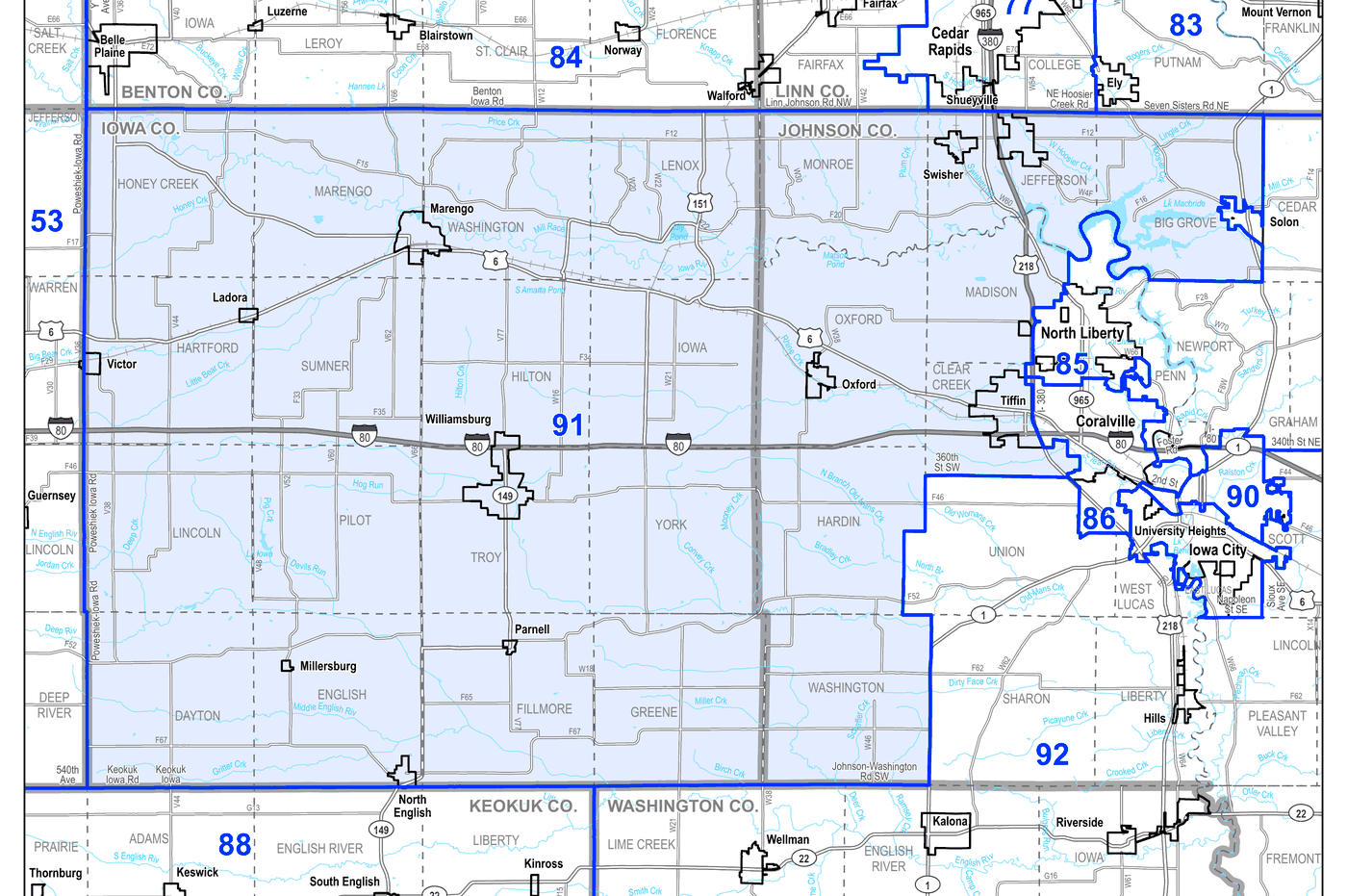 Map of Iowa House District 91 — all of Iowa County and northern and western Johnson County, including Marengo, Williamsburg, Victor, Ladora, Oxford, Swisher, Shueyville, Tiffin, and rural Solon